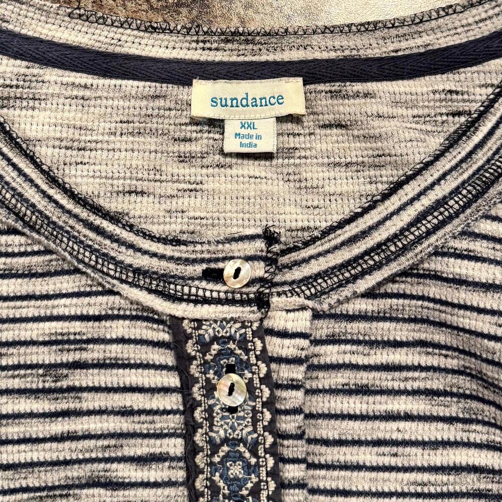 Sundance Henley Top Stripe Gray Blue Thermal Boho Folk Cottagecore Plus Size XXL - Picture 3 of 6
